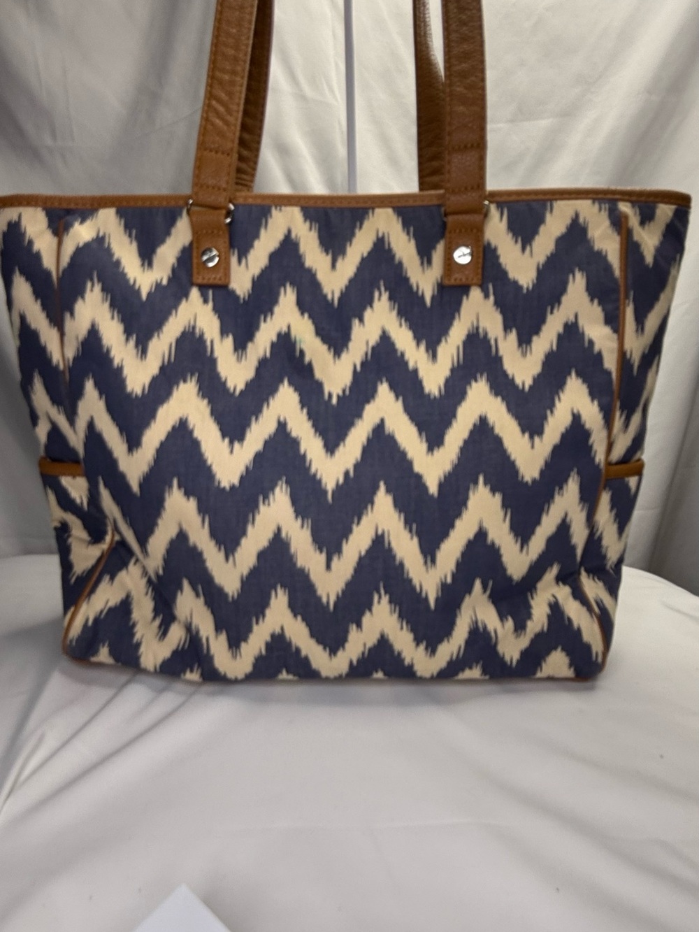 thirty-one Navy and Cream Chevron Tote with Brown Trim